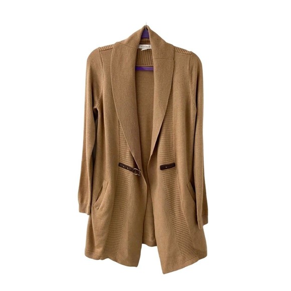 Ellen Tracy Cardigan Sweater M Long Length Tan Wool Blend Pockets Wide V Neck - Picture 7 of 16